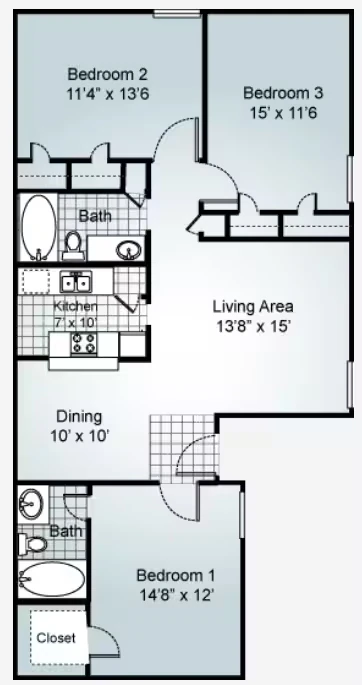 3 Bedroom 2 bathroom 176 floor plan